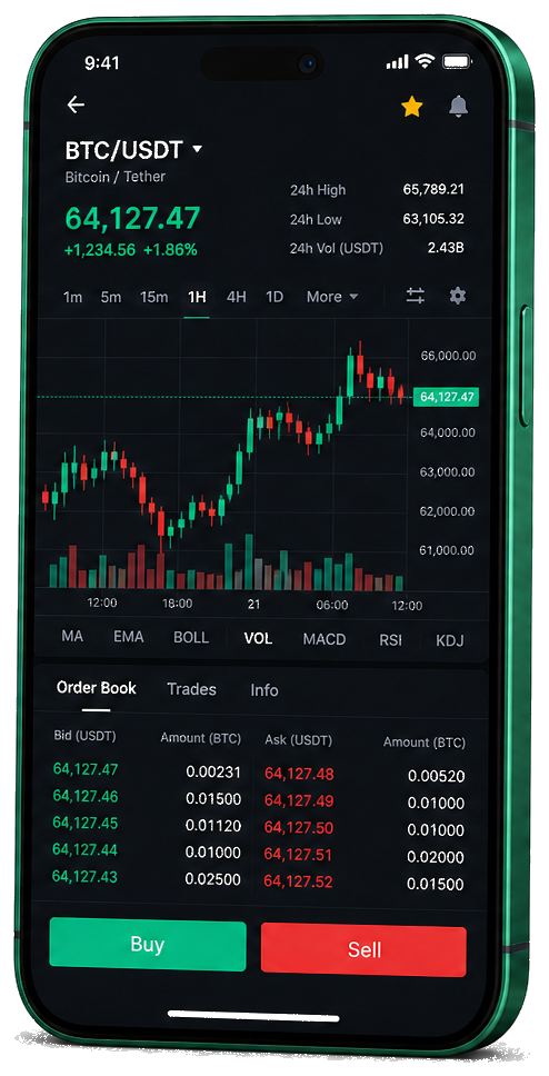 Beacon Renditave mobile trading application — live BTC/USDT charts, order book, and trading features